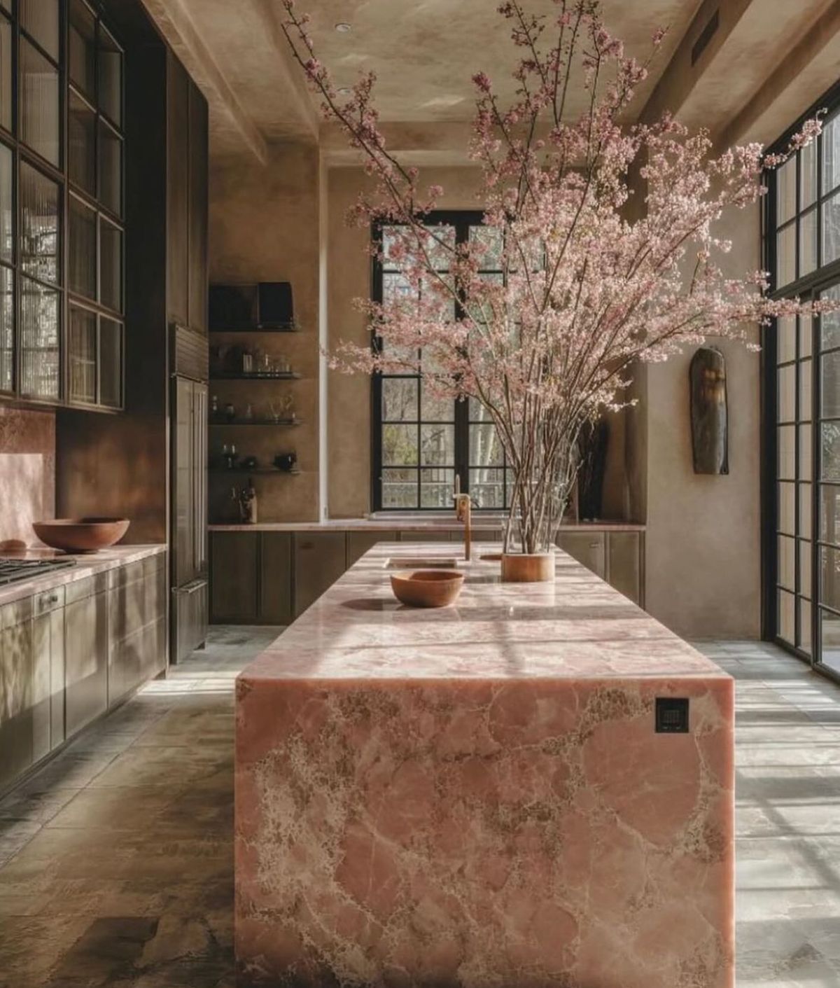 Minimalist kitchen with clean lines, flat-panel cabinets, and a monochromatic color scheme pink onyx marble