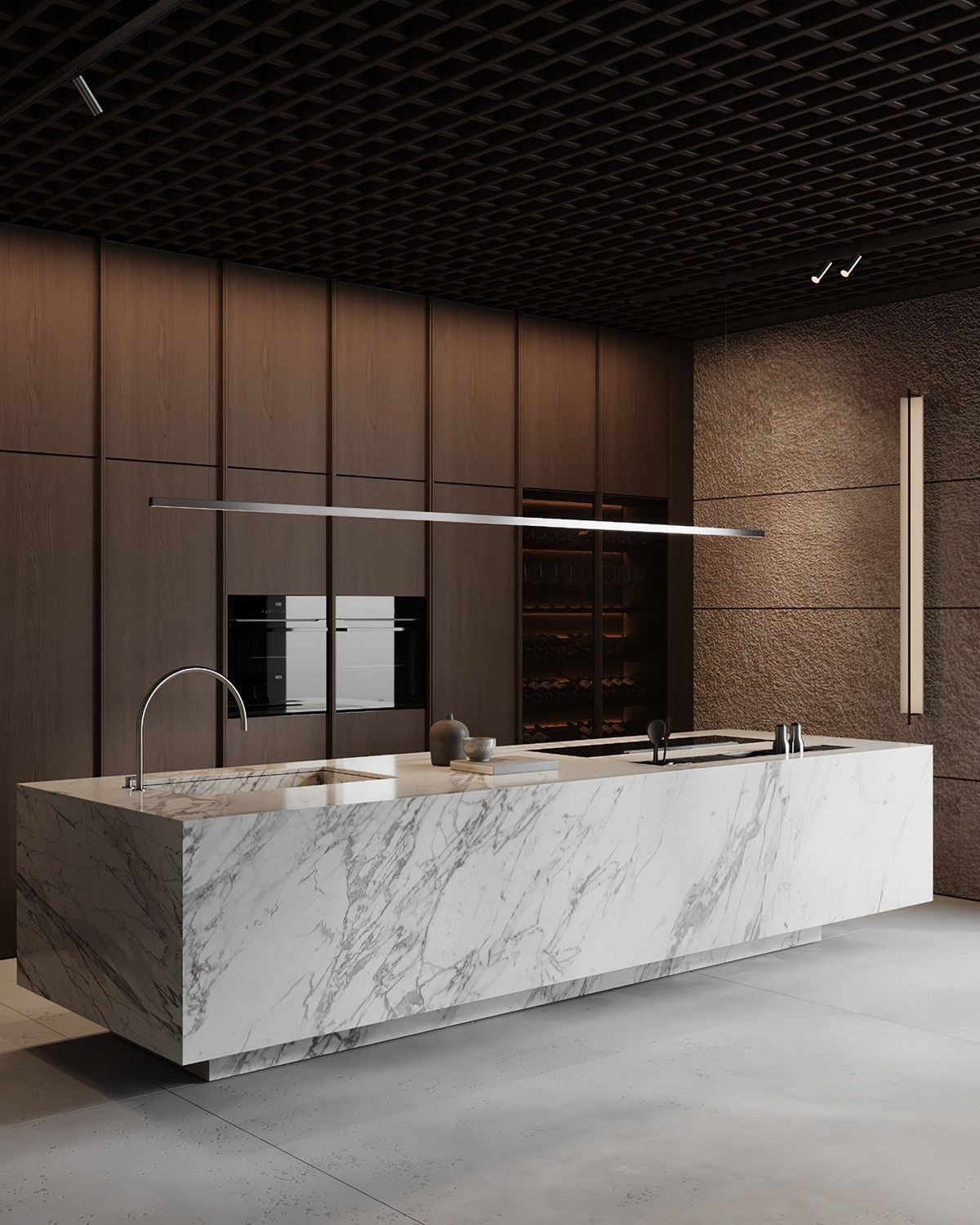 Minimalist kitchen with clean lines, flat-panel cabinets, and a monochromatic color scheme